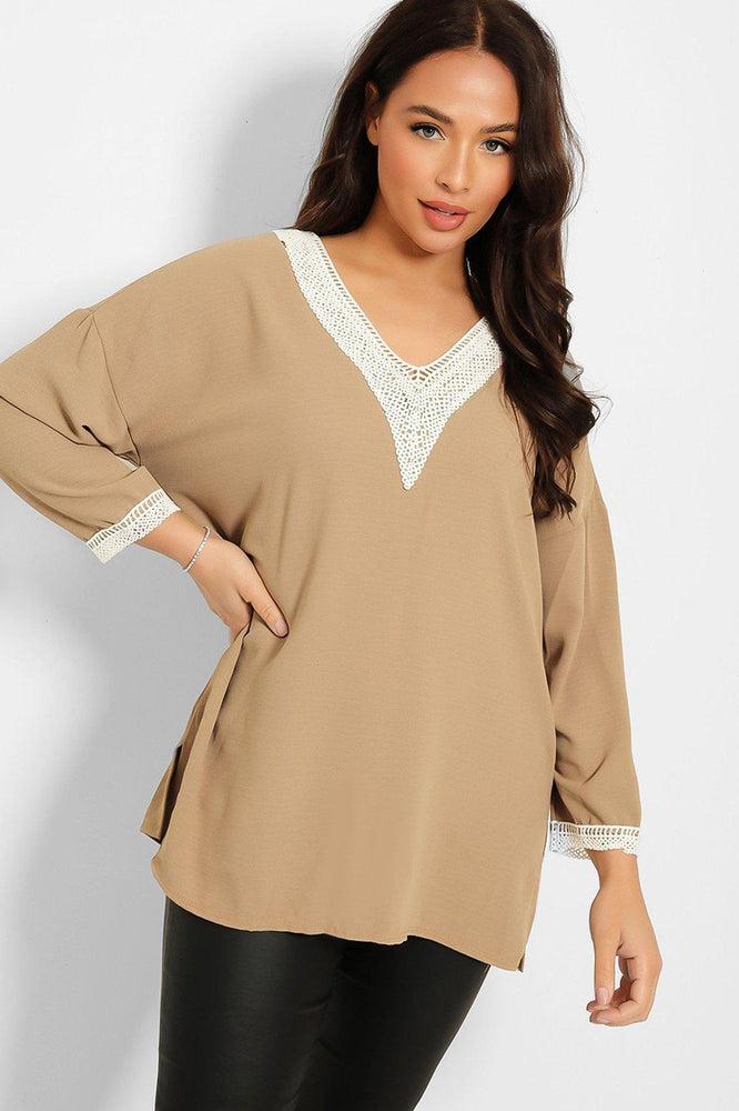 Crochet Lace V-Neck Detail Lazy Fit Blouse-SinglePrice
