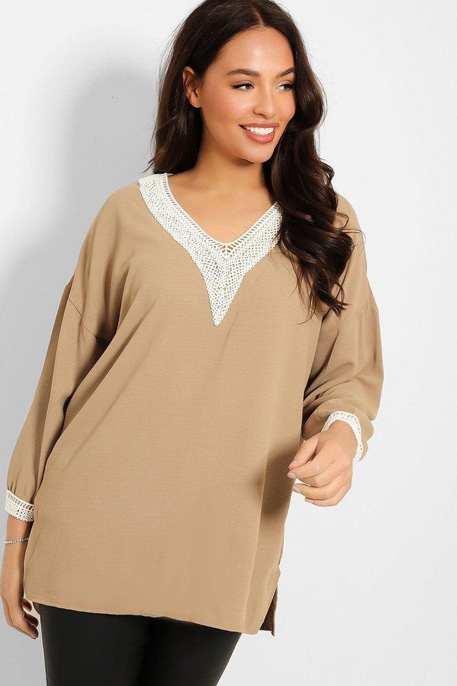 Crochet Lace V-Neck Detail Lazy Fit Blouse-SinglePrice