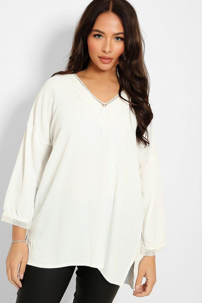 Crochet Lace V-Neck Detail Lazy Fit Blouse-SinglePrice
