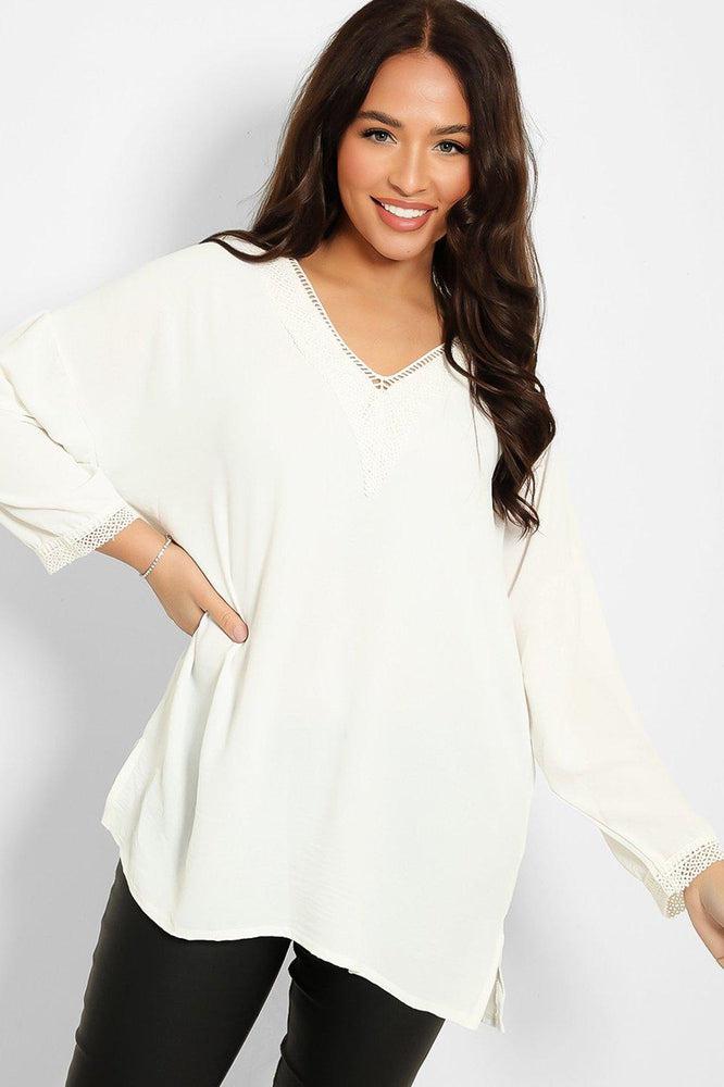 Crochet Lace V-Neck Detail Lazy Fit Blouse-SinglePrice