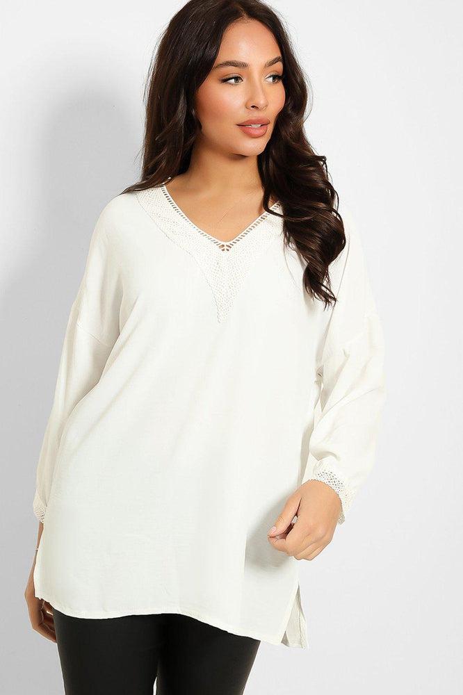 Crochet Lace V-Neck Detail Lazy Fit Blouse-SinglePrice