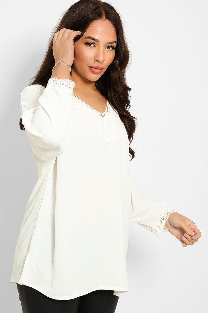 Crochet Lace V-Neck Detail Lazy Fit Blouse-SinglePrice