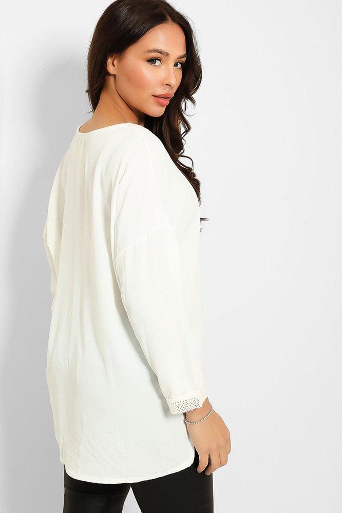 Crochet Lace V-Neck Detail Lazy Fit Blouse-SinglePrice