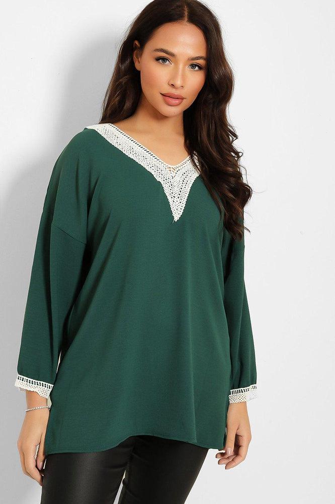 Crochet Lace V-Neck Detail Lazy Fit Blouse-SinglePrice
