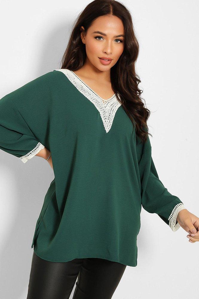 Crochet Lace V-Neck Detail Lazy Fit Blouse-SinglePrice