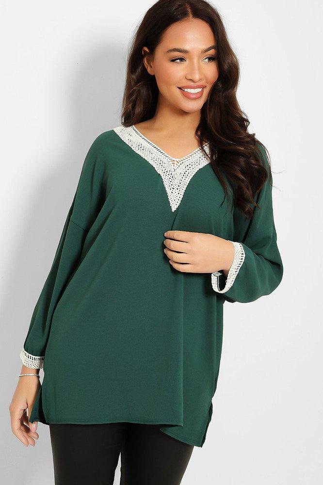 Crochet Lace V-Neck Detail Lazy Fit Blouse-SinglePrice