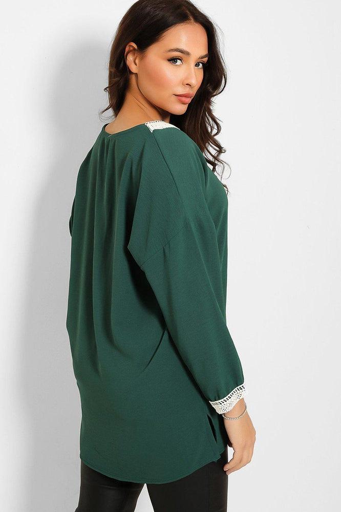 Crochet Lace V-Neck Detail Lazy Fit Blouse-SinglePrice