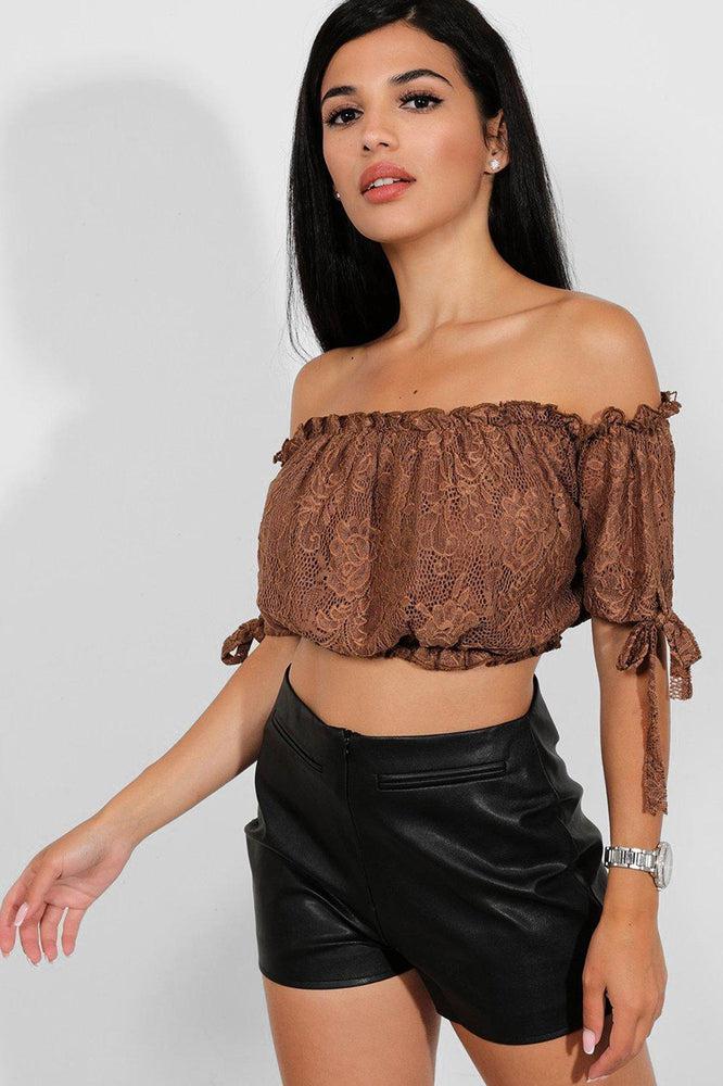 Brown Delicate Lace Bow Sleeves Bardot Crop Top-SinglePrice
