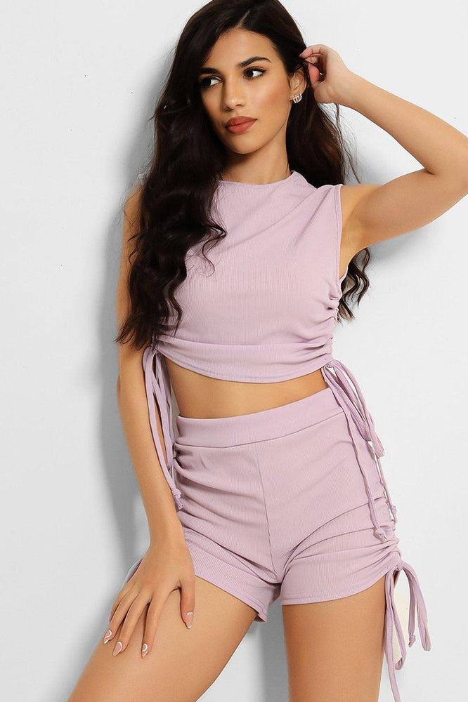 Lilac Ribbed Drawstring Ties Sleeveless Top And Shorts Set-SinglePrice