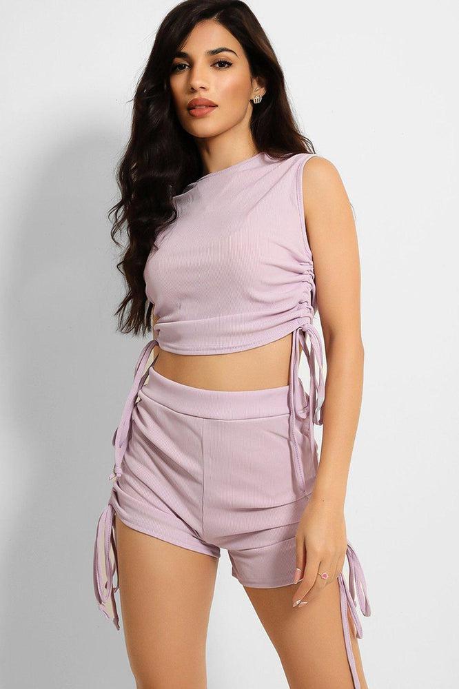 Lilac Ribbed Drawstring Ties Sleeveless Top And Shorts Set-SinglePrice