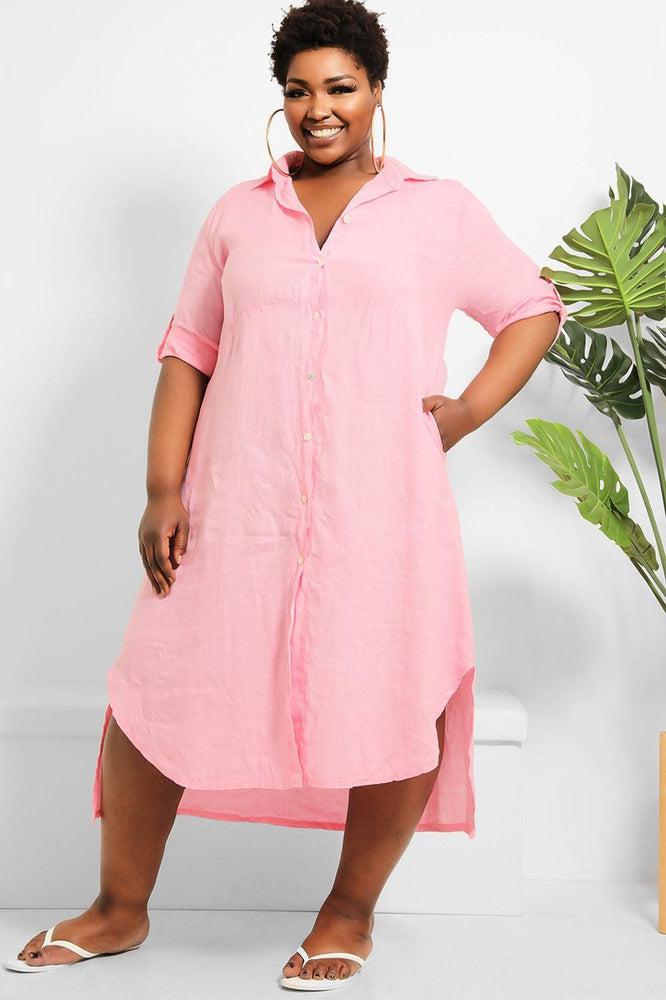 Curved Hem 100% Linen Shirt Dress-SinglePrice