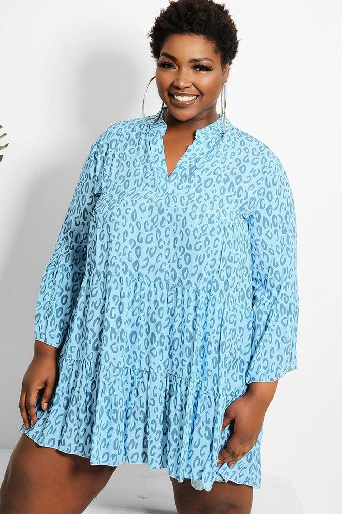 Blue Leopard Print V-Neck Tiered Dress-SinglePrice