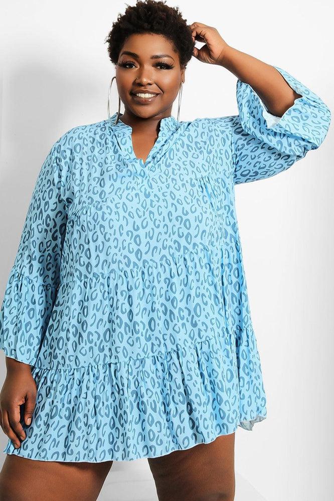 Blue Leopard Print V-Neck Tiered Dress-SinglePrice