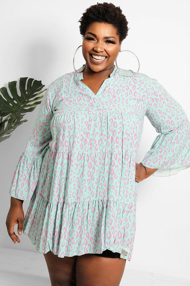 Mint Leopard Print V-Neck Tiered Dress-SinglePrice