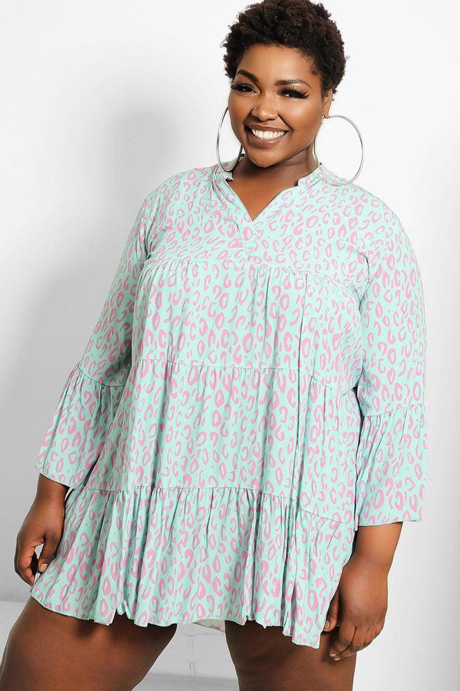 Mint Leopard Print V-Neck Tiered Dress-SinglePrice