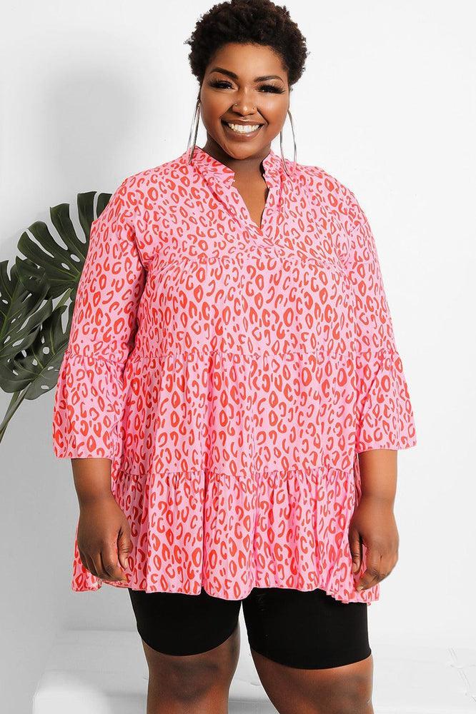 Pink Leopard Print V-Neck Tiered Dress-SinglePrice
