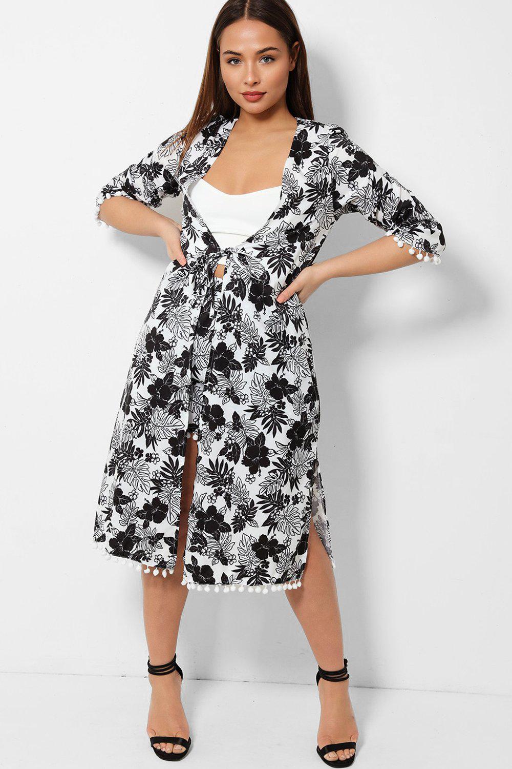 White Floral Pom Pom Trims Kaftan And Shorts Set-SinglePrice