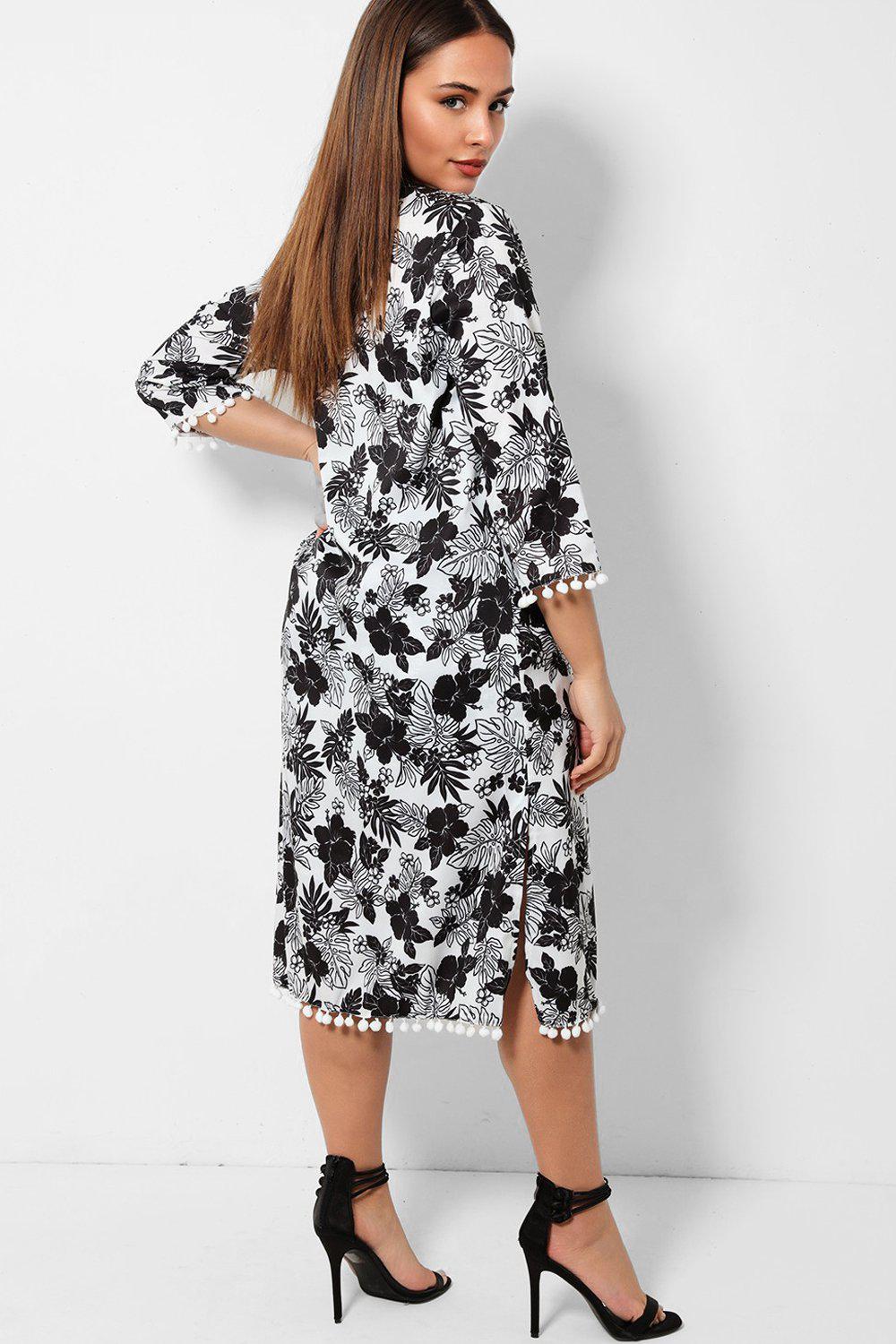 White Floral Pom Pom Trims Kaftan And Shorts Set-SinglePrice