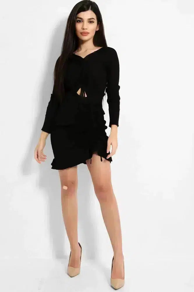 Black Ribbed Knit Asymmetric Drawstring Details Dress-SinglePrice