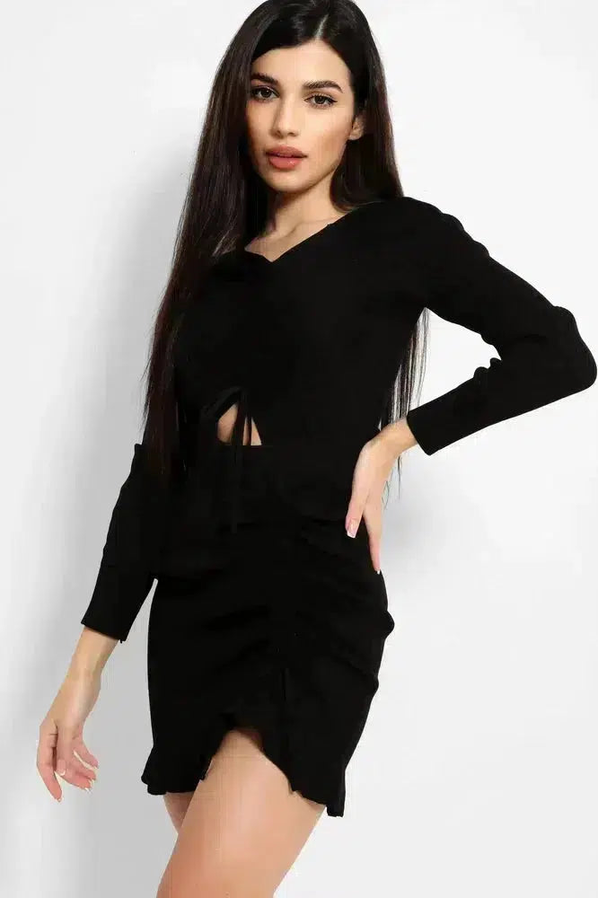 Black Ribbed Knit Asymmetric Drawstring Details Dress-SinglePrice