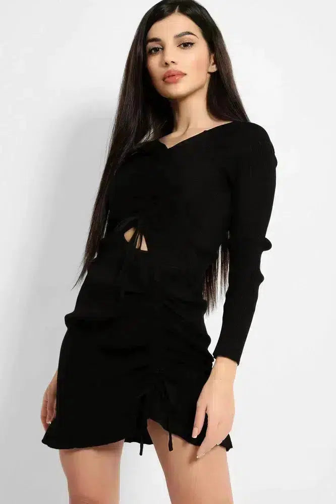 Black Ribbed Knit Asymmetric Drawstring Details Dress-SinglePrice