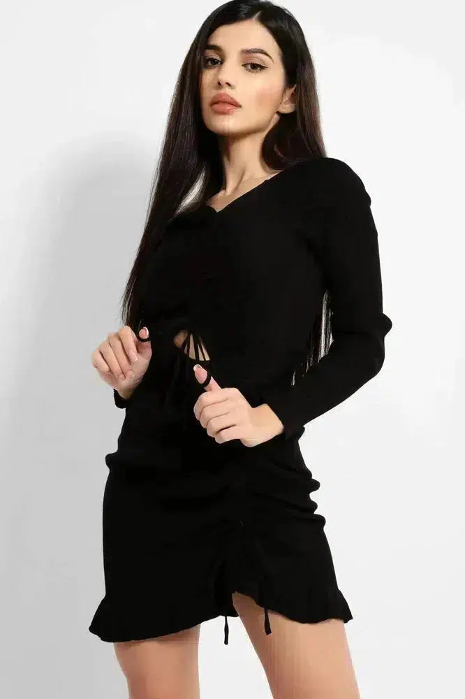 Black Ribbed Knit Asymmetric Drawstring Details Dress-SinglePrice
