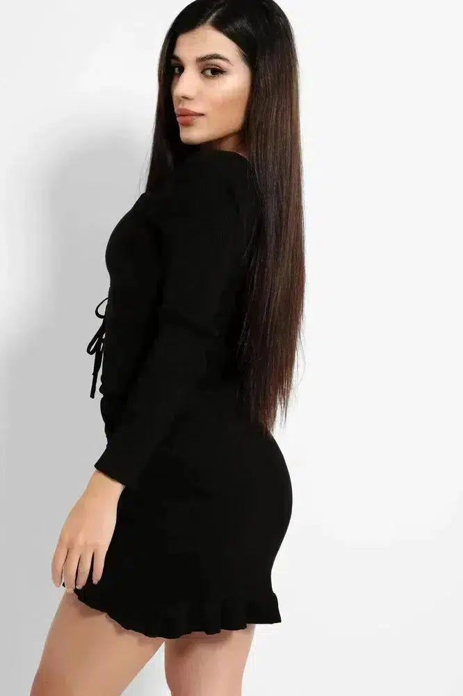 Black Ribbed Knit Asymmetric Drawstring Details Dress-SinglePrice