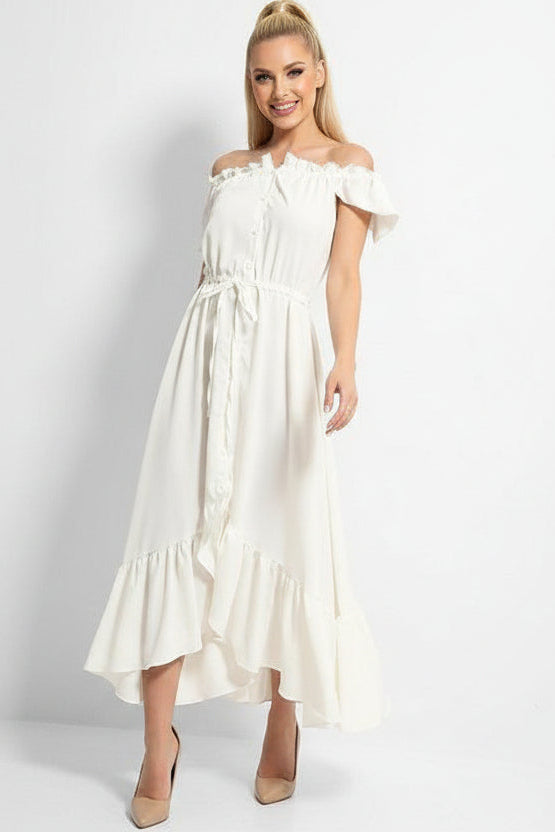 White Frilled Trims Off Shoulder Dip Hem Dress-SinglePrice