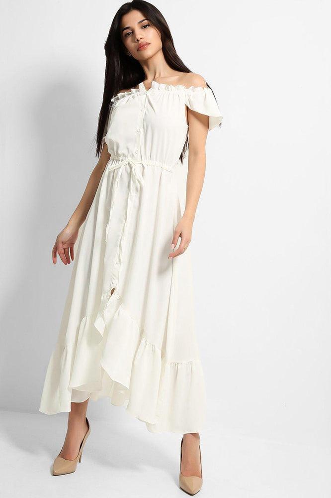 White Frilled Trims Off Shoulder Dip Hem Dress-SinglePrice