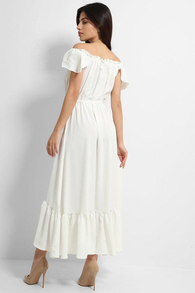 White Frilled Trims Off Shoulder Dip Hem Dress-SinglePrice