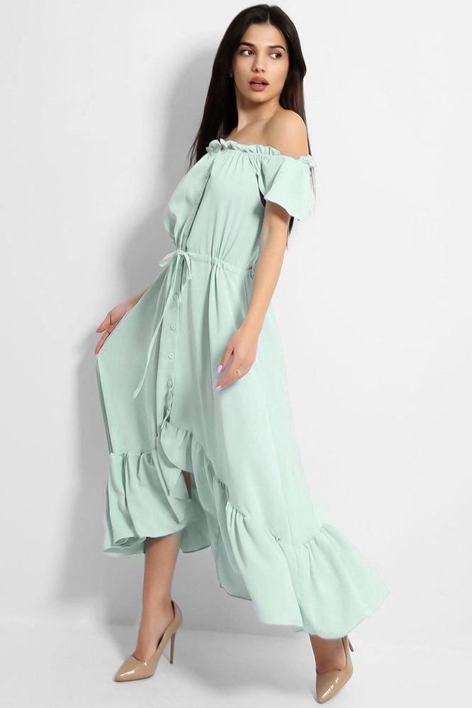 Green Frilled Trims Off Shoulder Dip Hem Dress-SinglePrice