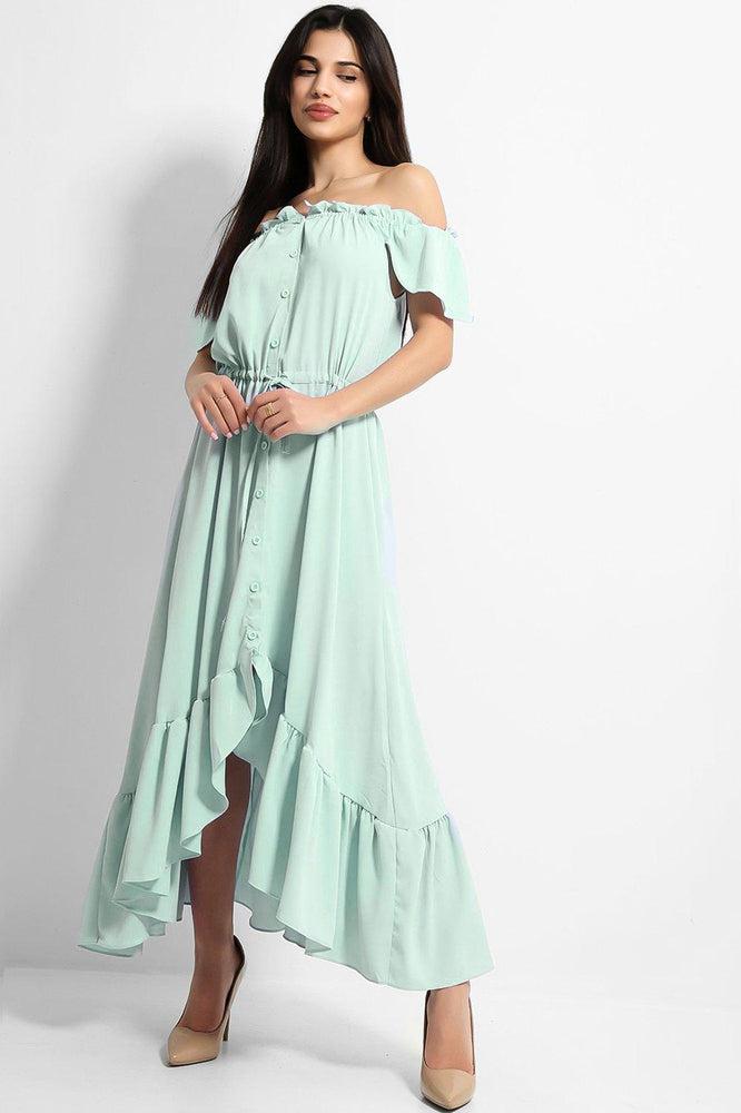 Green Frilled Trims Off Shoulder Dip Hem Dress-SinglePrice