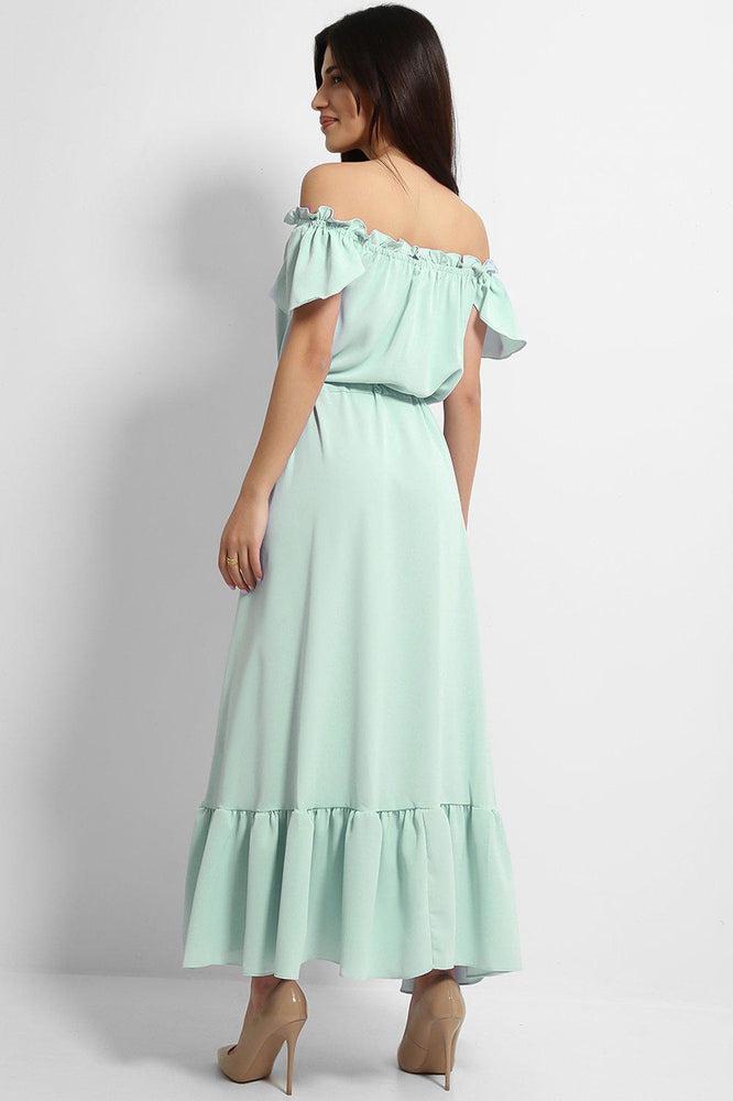 Green Frilled Trims Off Shoulder Dip Hem Dress-SinglePrice