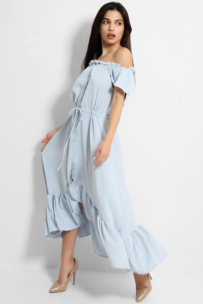 Blue Frilled Trims Off Shoulder Dip Hem Dress-SinglePrice