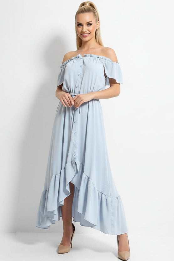 blue dip hem dress Blue Frilled Trims Off Shoulder Dip Hem Dress
