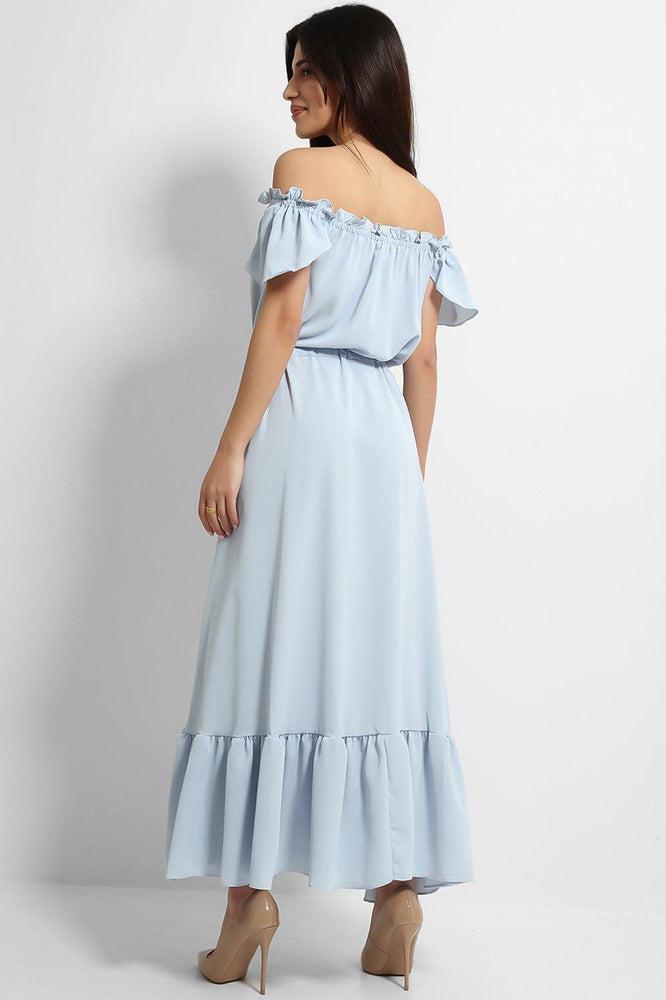 Blue Frilled Trims Off Shoulder Dip Hem Dress-SinglePrice