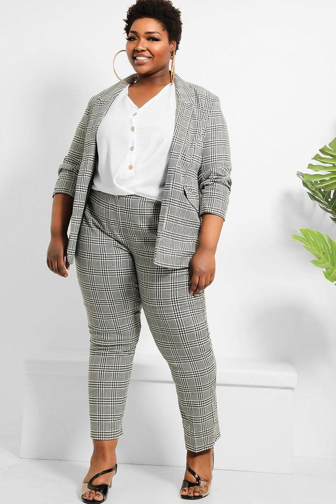 Ruched 3/4 Sleeves Open Blazer And Peg Leg Trousers Set-SinglePrice