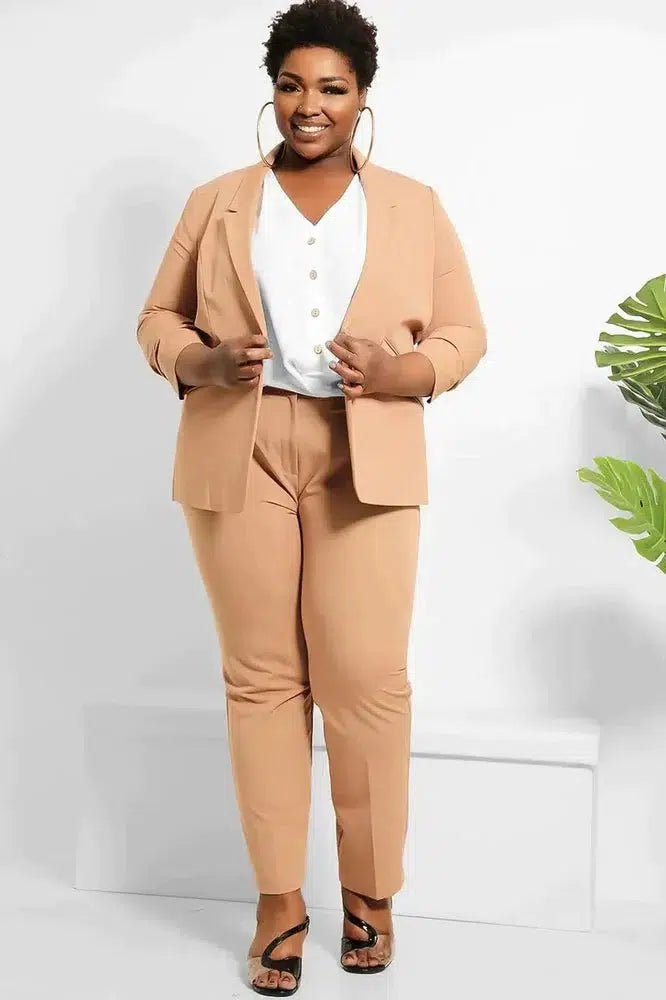 Ruched 3/4 Sleeves Open Blazer And Peg Leg Trousers Set-SinglePrice