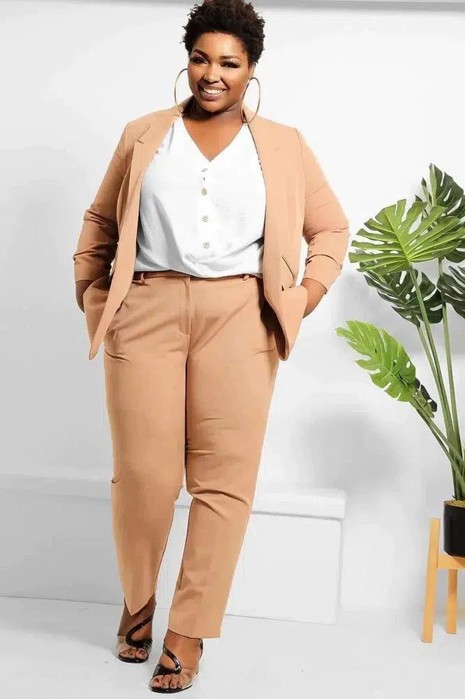Ruched 3/4 Sleeves Open Blazer And Peg Leg Trousers Set-SinglePrice