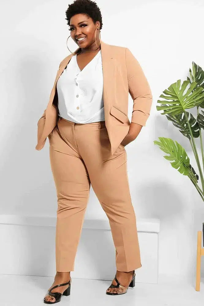 Ruched 3/4 Sleeves Open Blazer And Peg Leg Trousers Set-SinglePrice