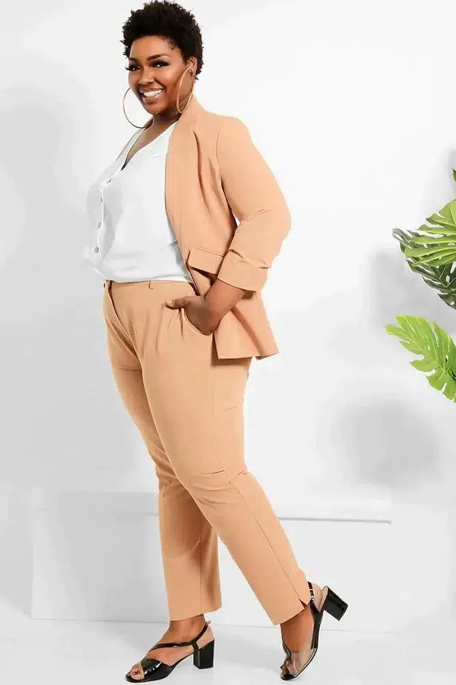 Ruched 3/4 Sleeves Open Blazer And Peg Leg Trousers Set-SinglePrice