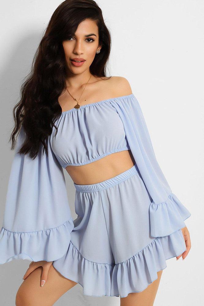 Blue Frill Trim Off Shoulder Crop Top Shorts Set-SinglePrice