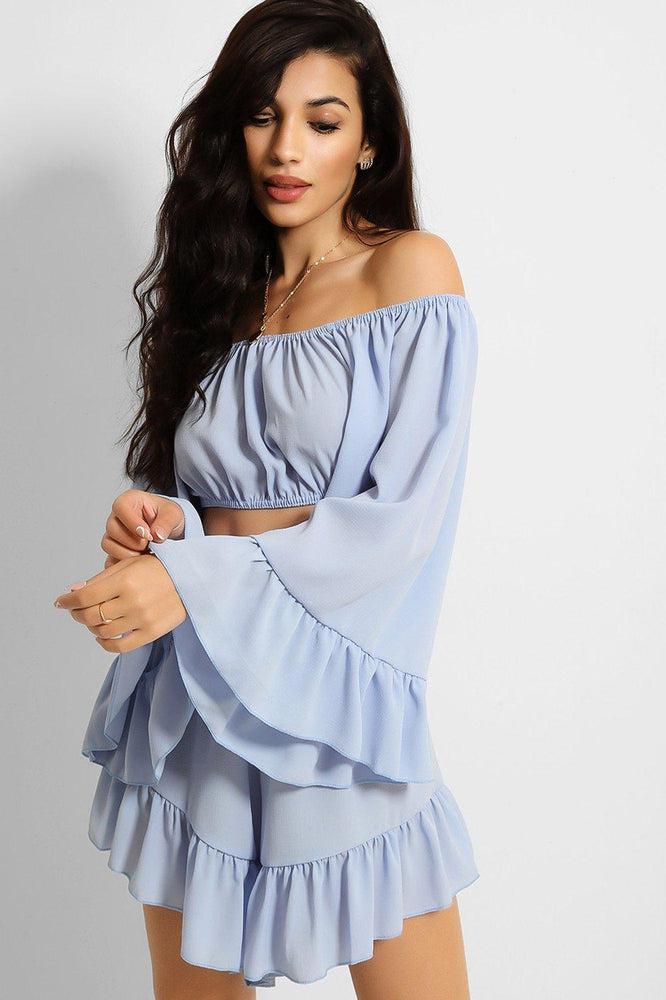 Blue Frill Trim Off Shoulder Crop Top Shorts Set-SinglePrice