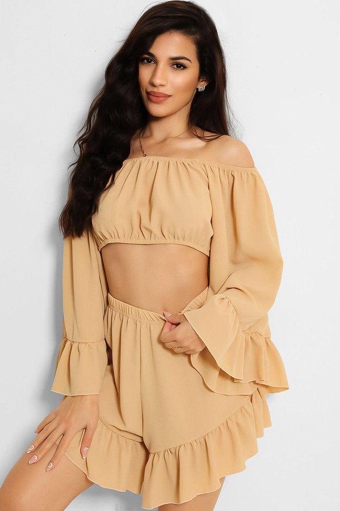 Camel Frill Trim Off Shoulder Crop Top Shorts Set-SinglePrice