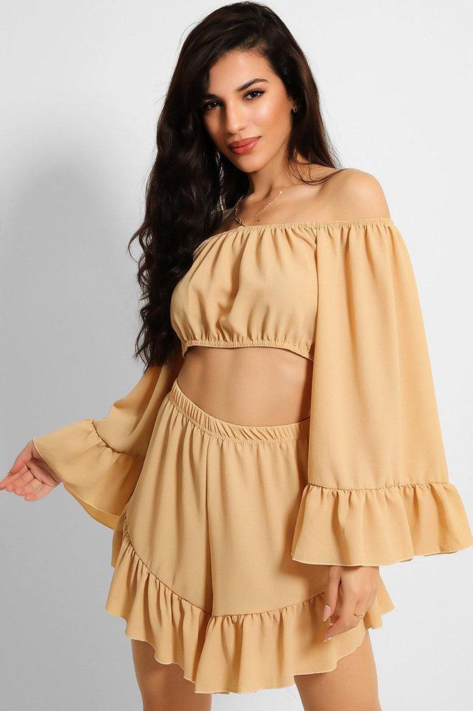Camel Frill Trim Off Shoulder Crop Top Shorts Set-SinglePrice