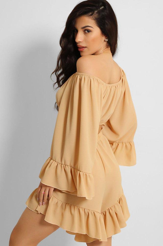 Camel Frill Trim Off Shoulder Crop Top Shorts Set-SinglePrice