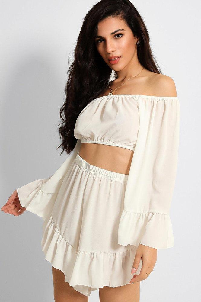 White Frill Trim Off Shoulder Crop Top Shorts Set-SinglePrice