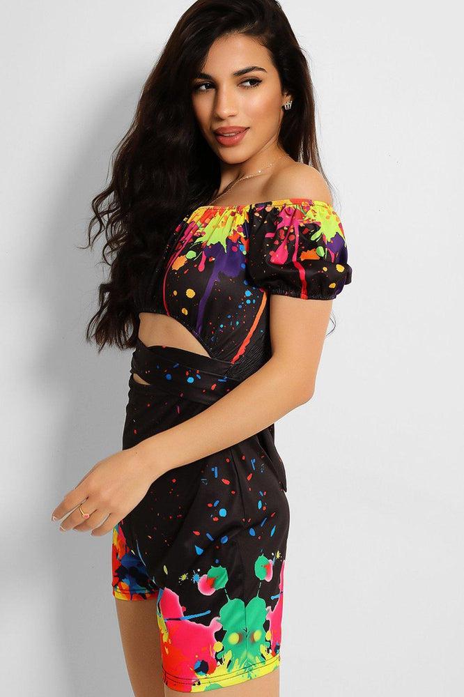 Black Colour Splash Off The Shoulders Playsuit-SinglePrice
