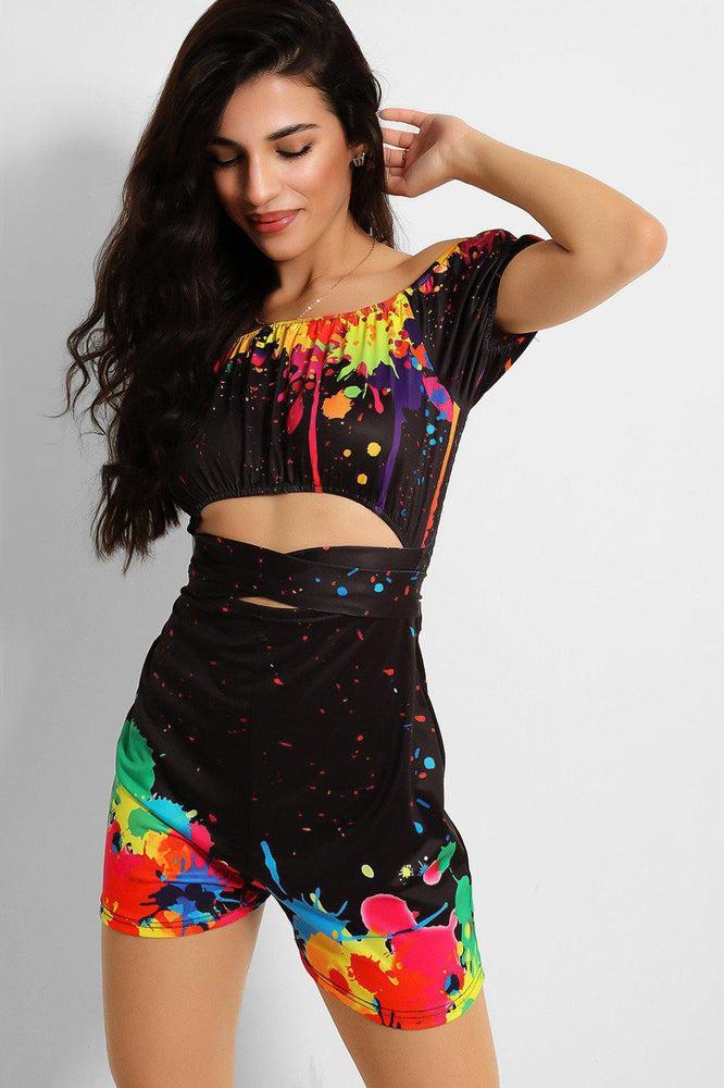 Black Colour Splash Off The Shoulders Playsuit-SinglePrice