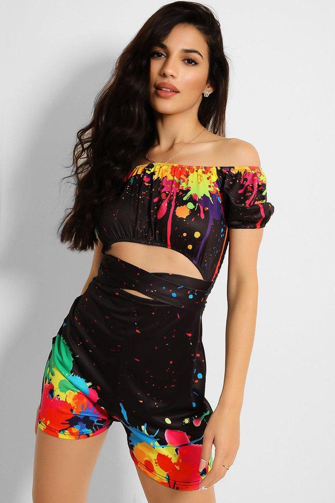 Black Colour Splash Off The Shoulders Playsuit-SinglePrice